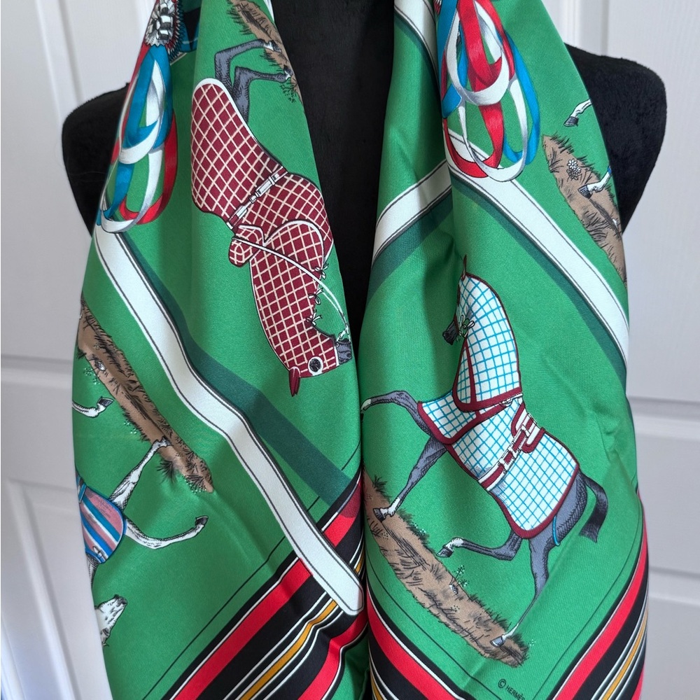 Hermes Green Equestrian Print Silk Scarf with Red, Blue and Black Accents
